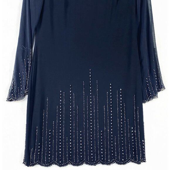 Xscape Evening Dress Women's 6 Blue With Silver Accent Mesh Sleeves Knee Length - Picture 4 of 10